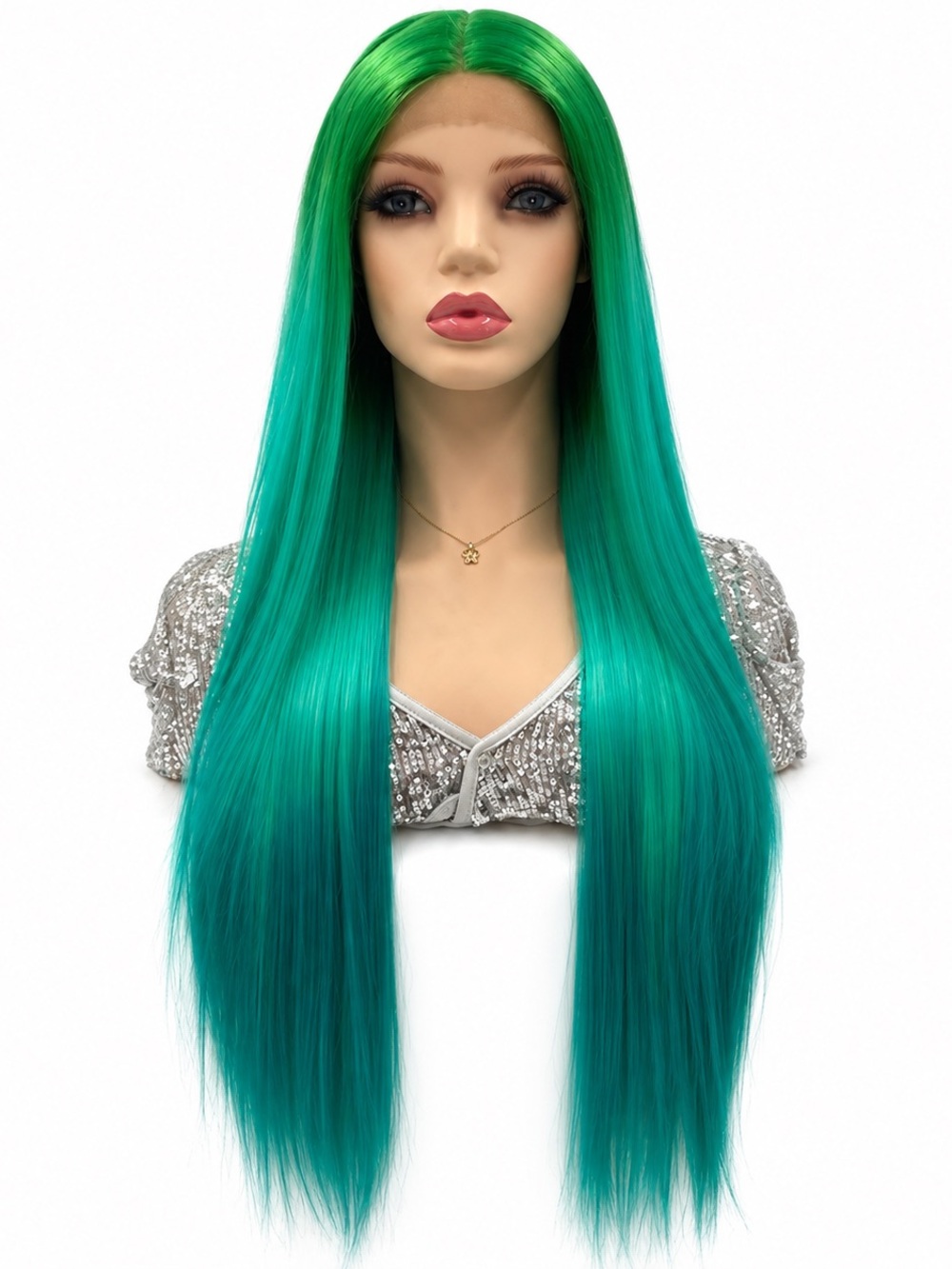 Green to Teal Long Straight Lace Front middle part Wig - Vibrant Ombre26 inches